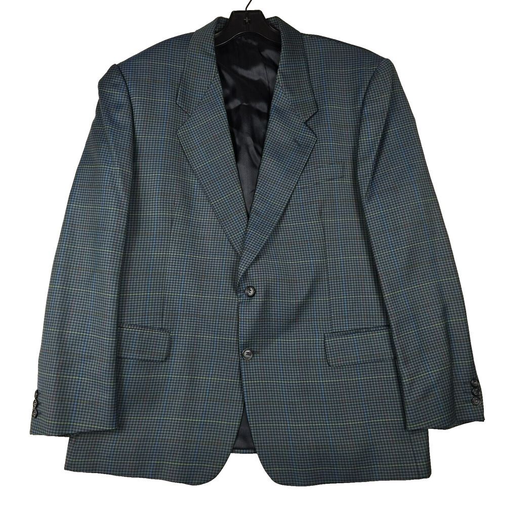 Zenio Italy Men's 44 Regular 100% Wool Blue Houndstooth Blazer Jacket Sport Coat